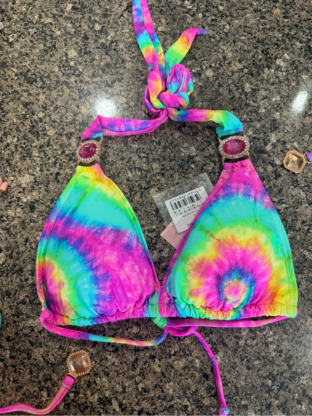 Moda Minx Triangle Bikini Top NWT Size L Rainbow Tie Dye Jewel Detail